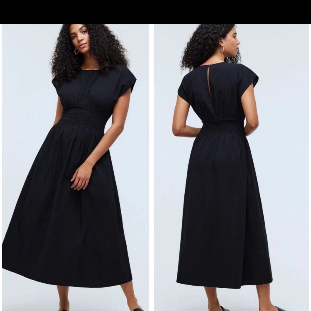 Madewell Smocked Waist Midi Dress Stripe Seersucker Linen Blend Black XS
